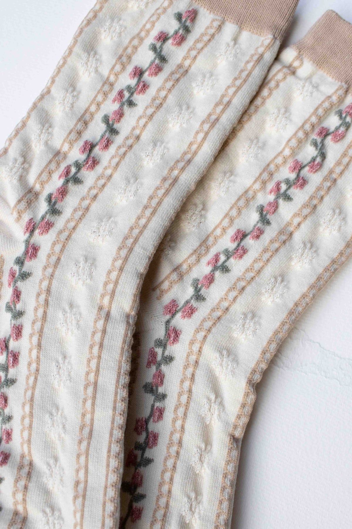 Vintage Stripe Floral Cotton Blend Socks: Set of Two: Powder Blue + Beige