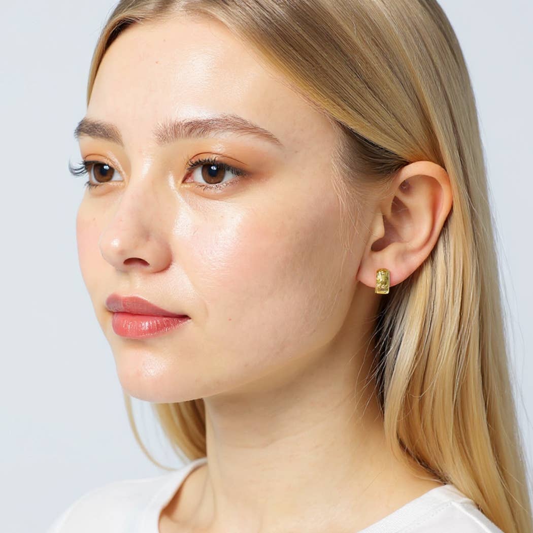 14K Gold Dipped Huggie Hoop Hammered CZ Earrings