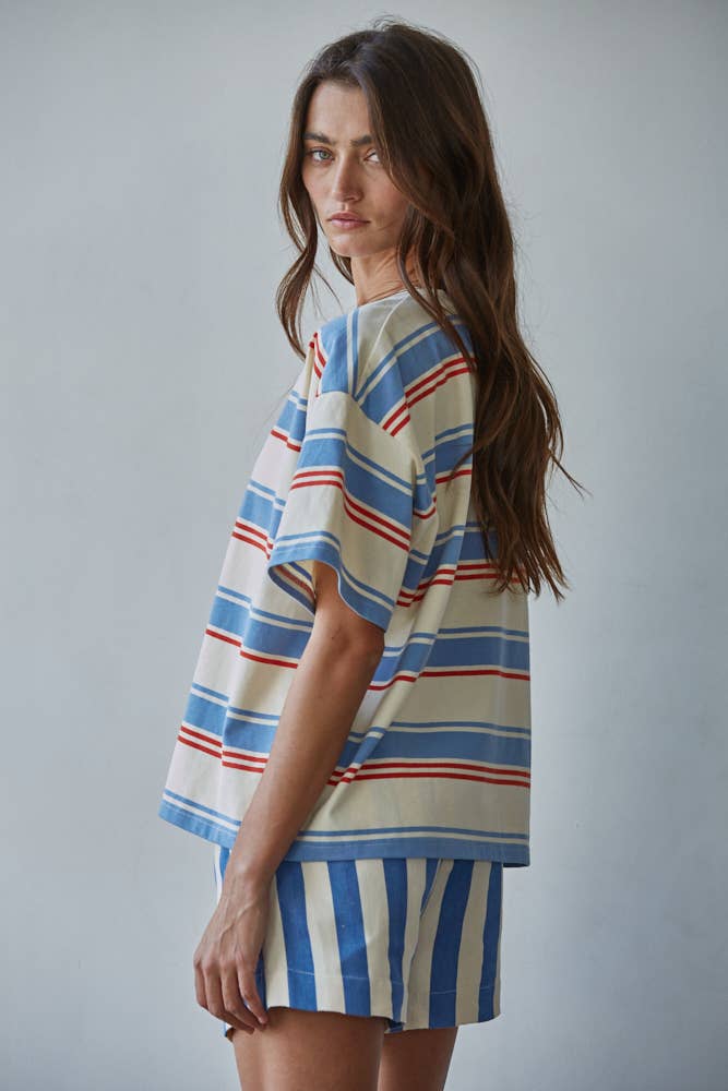 Knit Cotton Multi Striped Short Sleeve Top