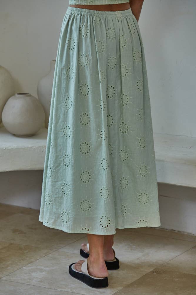 Woven Cotton Eyelet Flare Midi Skirt