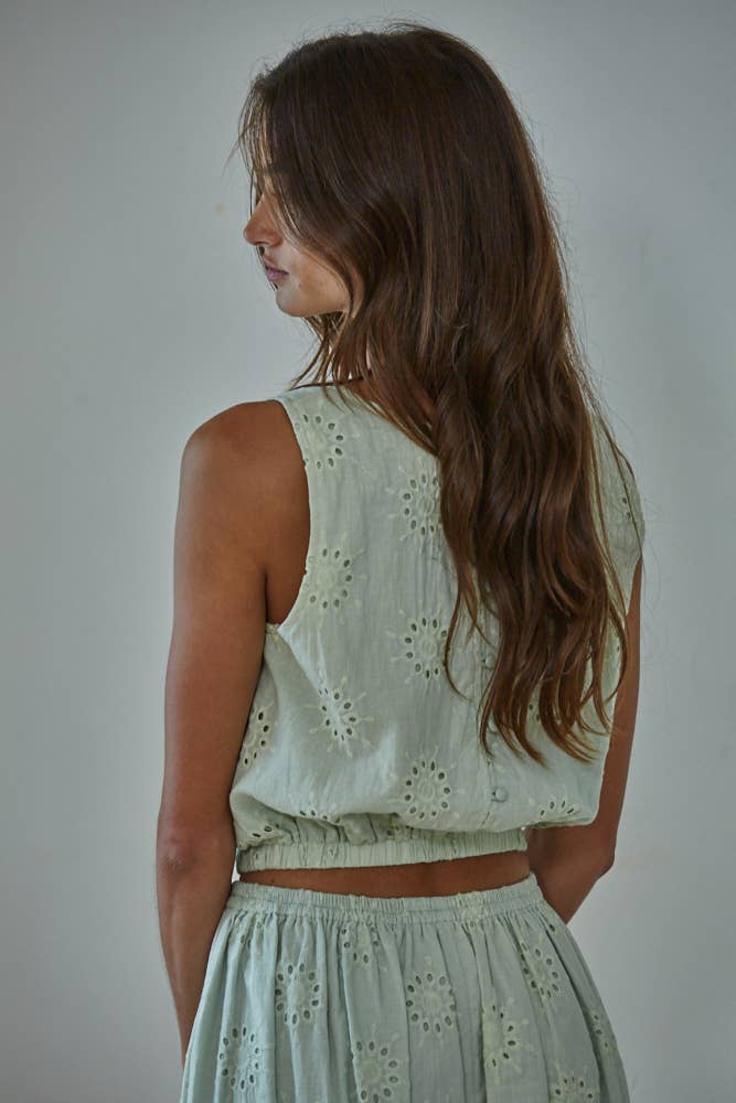 Woven Cotton Eyelet Sleeveless Crop Top