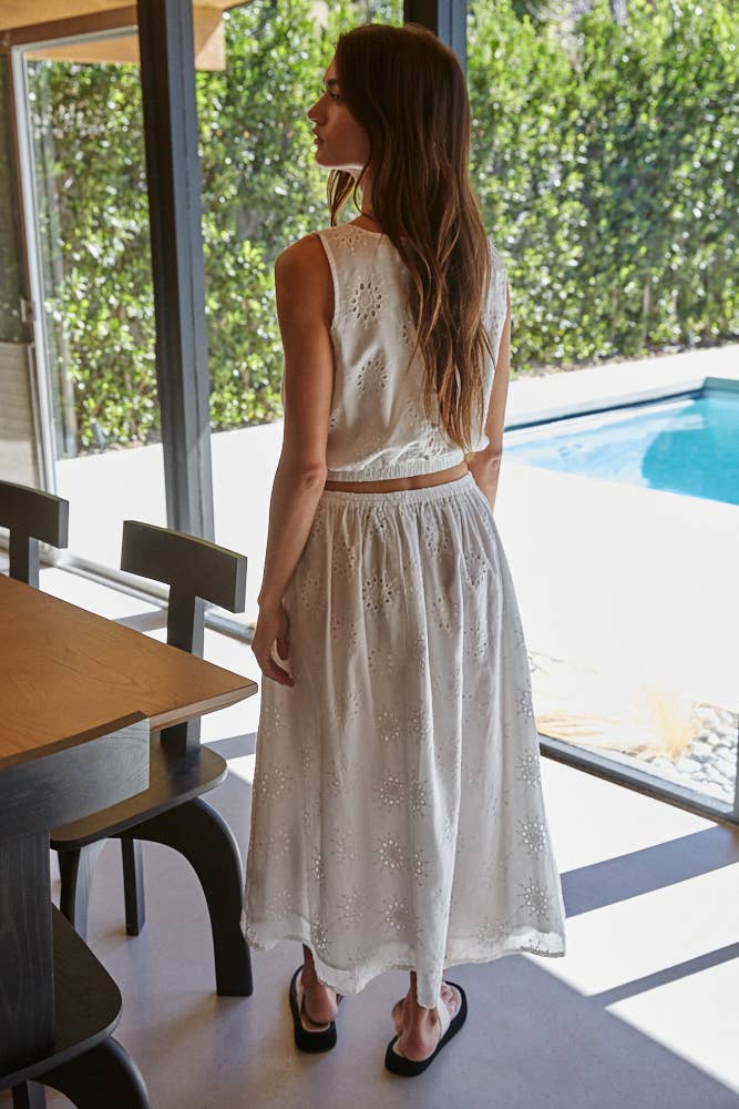 Woven Cotton Eyelet Round Neck Sleeveless Crop Top