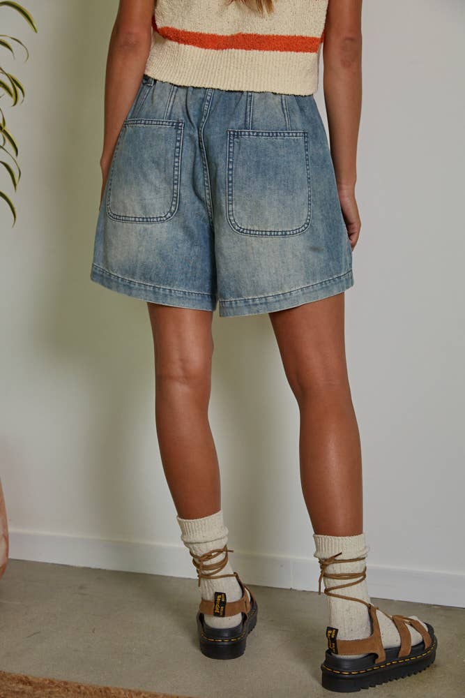 Denim Straight Leg Shorts with Drawstring