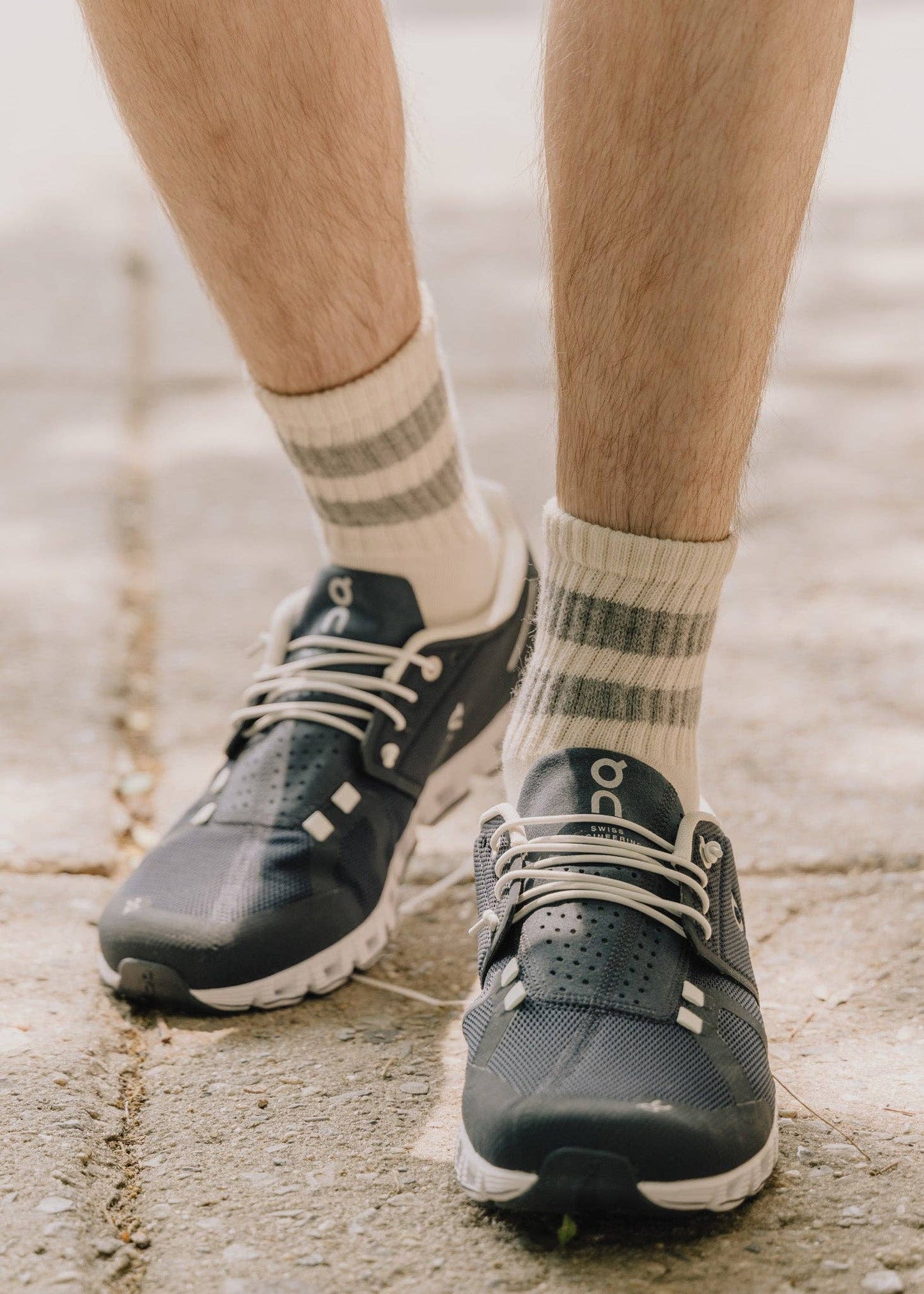 The Mono Stripe Quarter Crew- Heather Grey