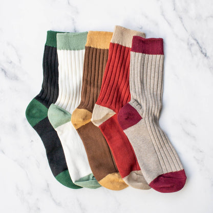 2-Tone Ribbed Crew Socks: Set of Two: Red/Khaki & Black/Dark Green