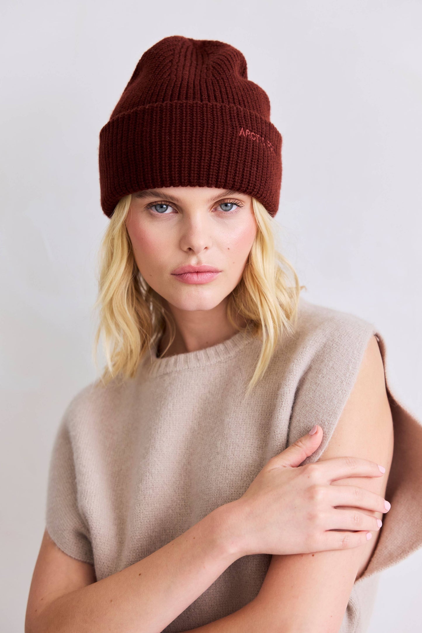 Merino Wool Embroidered Beanie - Dark Walnut Brown