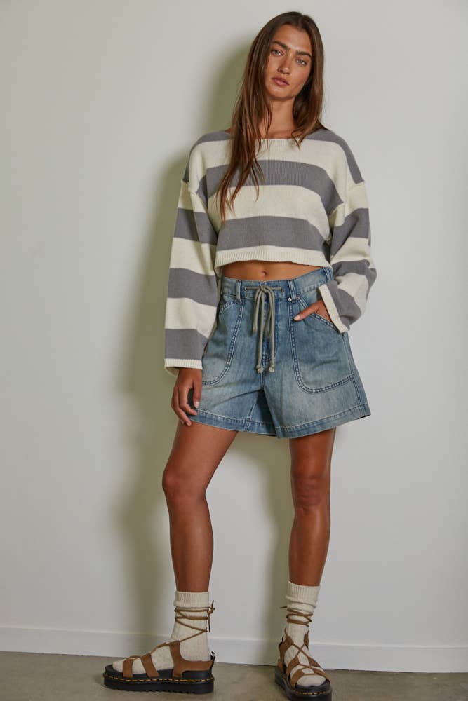 Denim Straight Leg Shorts with Drawstring