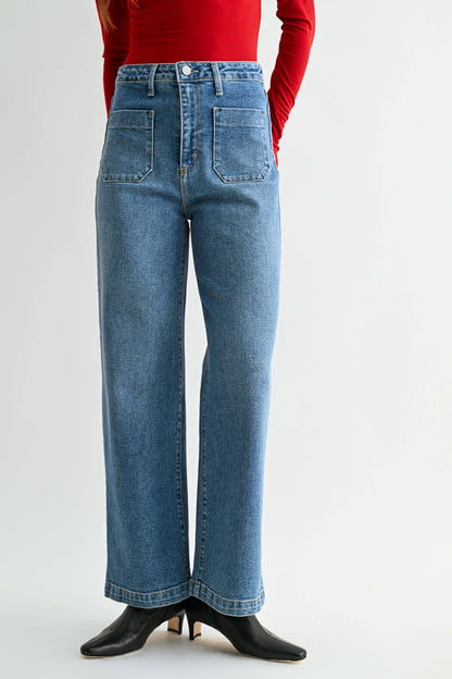 Medium Denim Patch Pocket Wide Leg
