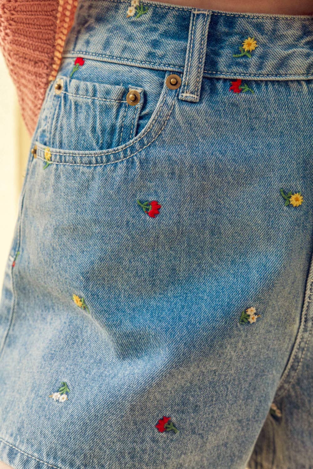 Embroidered Flowers Denim Shorts