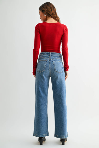 Medium Denim Patch Pocket Wide Leg