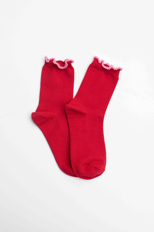 Ruffle Mid Crew Socks: Red & White