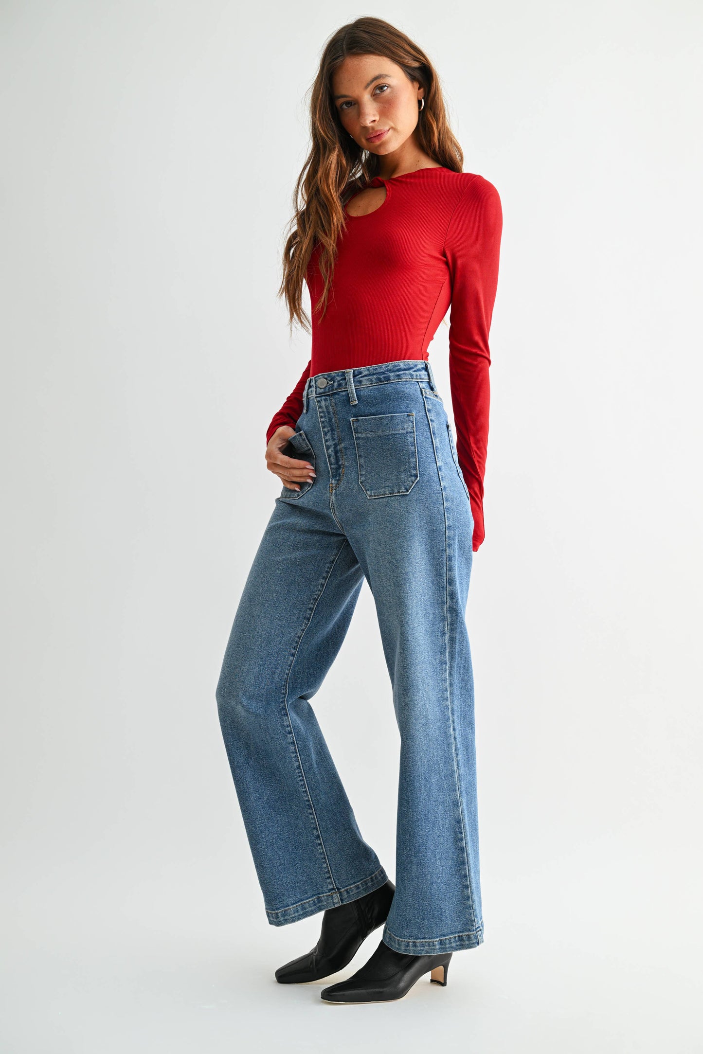 Medium Denim Patch Pocket Wide Leg