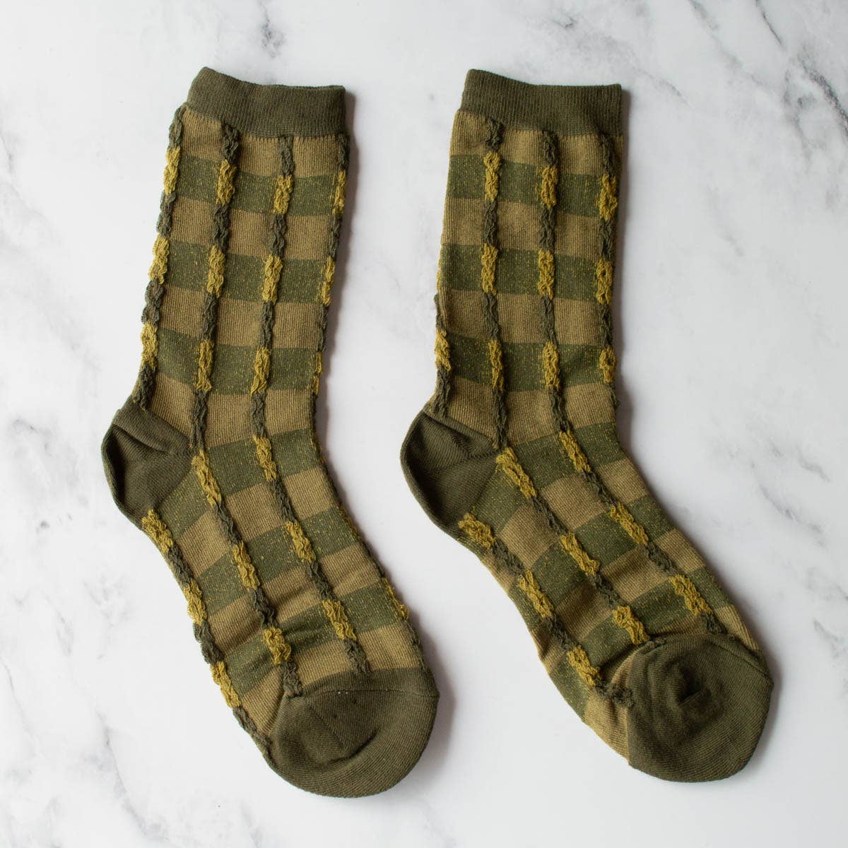Checkerboard Twist Crew Socks: Set of Two : Brick & Olive