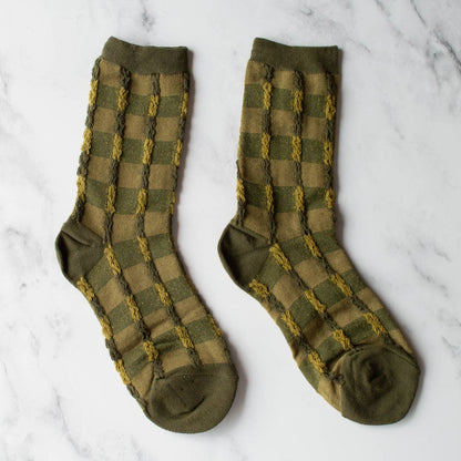 Checkerboard Twist Crew Socks: Set of Two : Brick & Olive