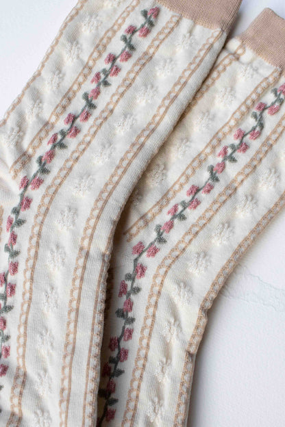 Vintage Stripe Floral Cotton Blend Socks: Set of Two: Powder Blue + Beige
