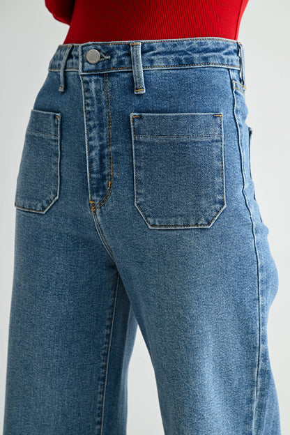 Medium Denim Patch Pocket Wide Leg
