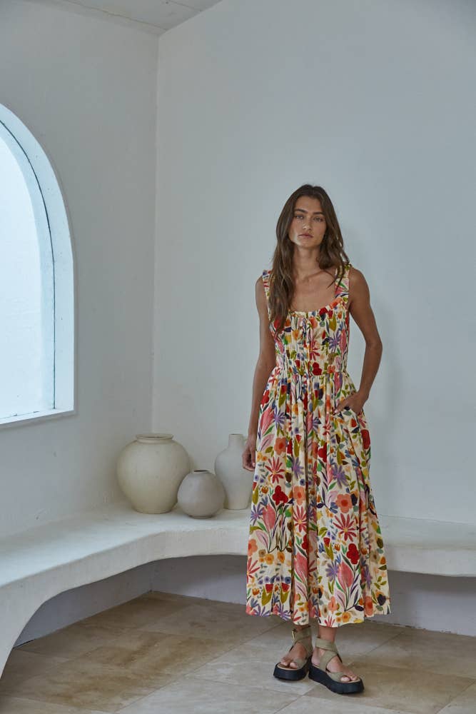 Colorful Floral Print Woven Sleeveless Dress