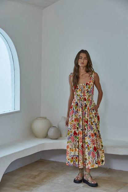 Colorful Floral Print Woven Sleeveless Dress