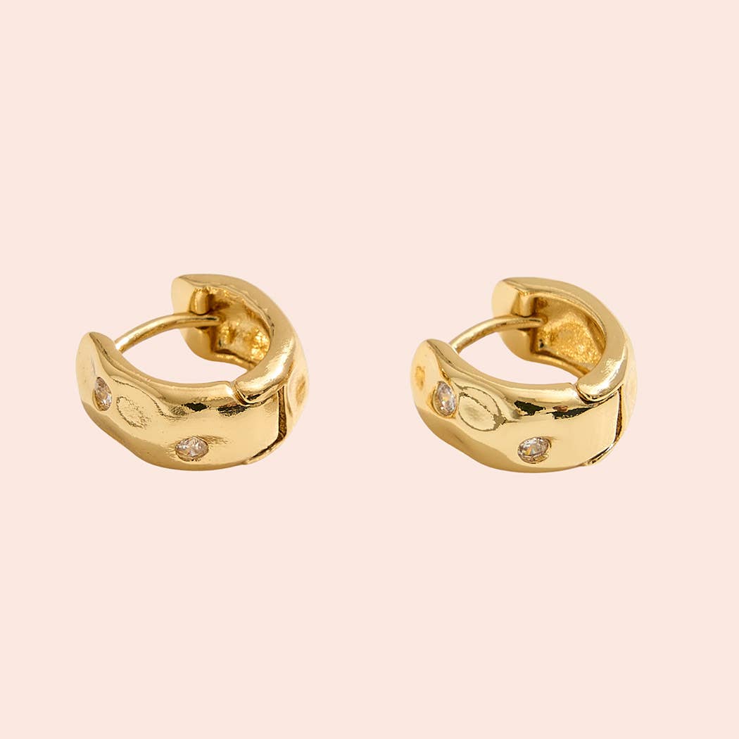 14K Gold Dipped Huggie Hoop Hammered CZ Earrings