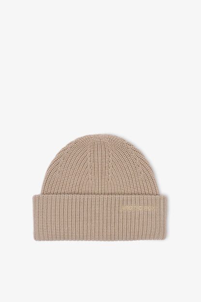 Merino Wool Embroidered Beanie - Soft Taupe