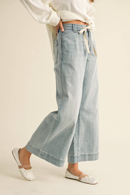 Washed Denim Pants with Tie