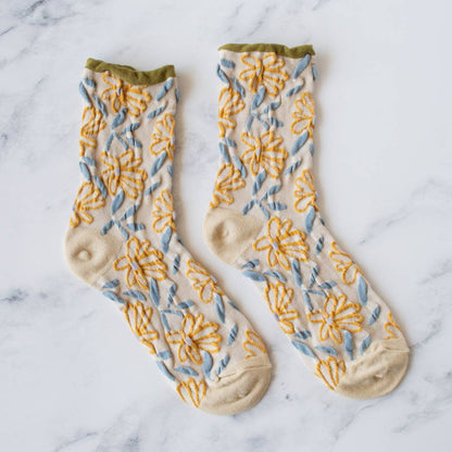 Unique Vintage Floral Socks: Set of Two - Olive/Rust