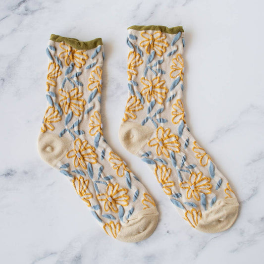 Unique Vintage Floral Socks: Set of Two - Olive/Rust