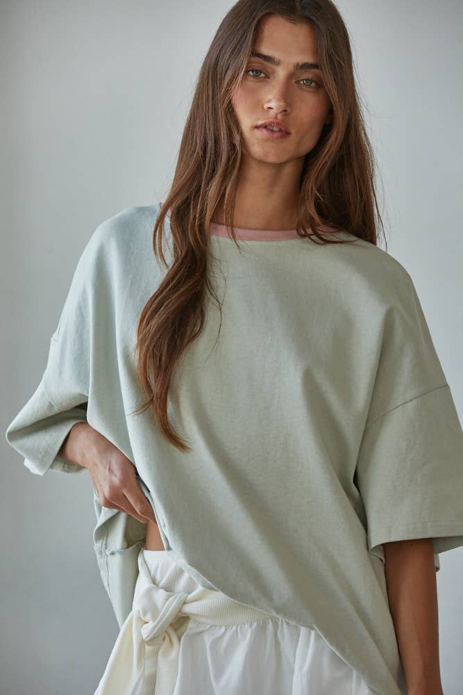 Knit Cotton Contrast Neck T-Shirt