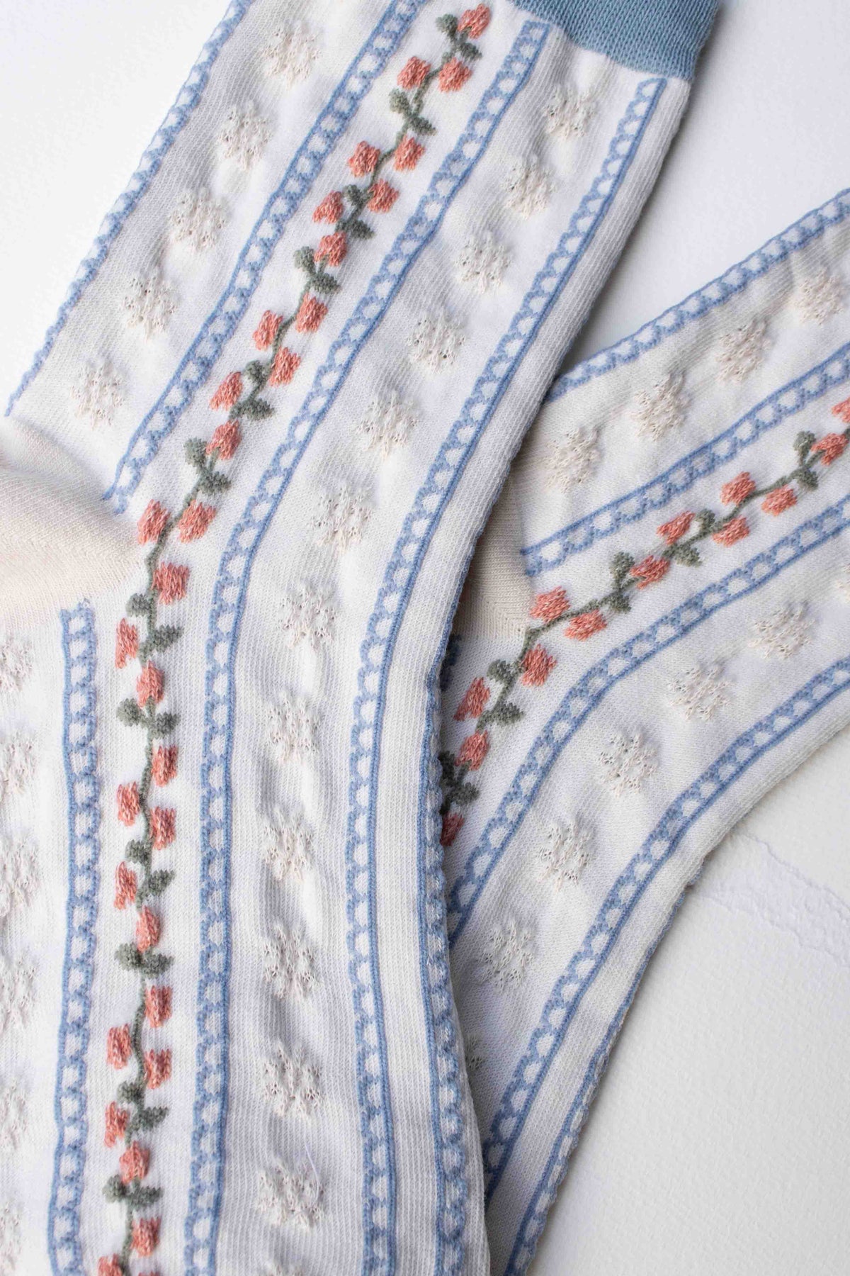 Vintage Stripe Floral Cotton Blend Socks: Set of Two: Powder Blue + Beige