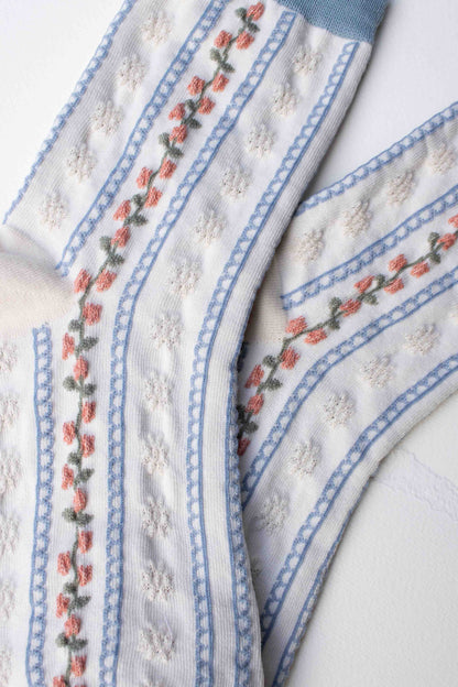 Vintage Stripe Floral Cotton Blend Socks: Set of Two: Powder Blue + Beige
