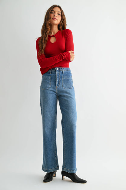 Medium Denim Patch Pocket Wide Leg