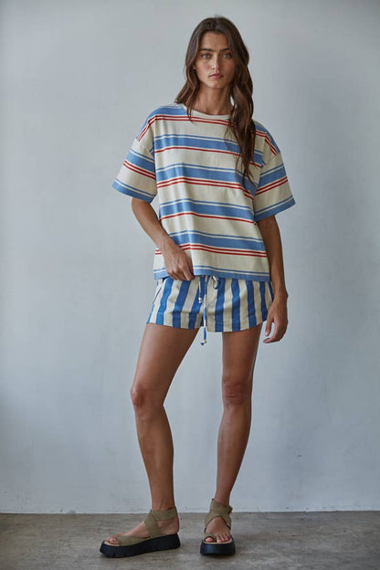 Knit Cotton Multi Striped Short Sleeve Top