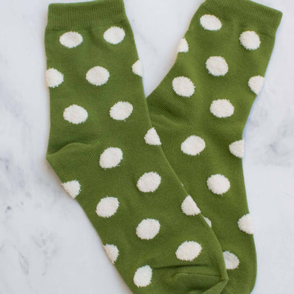 Women's Polka Dots Puff Crew Socks: Set of Two: Green & Pink