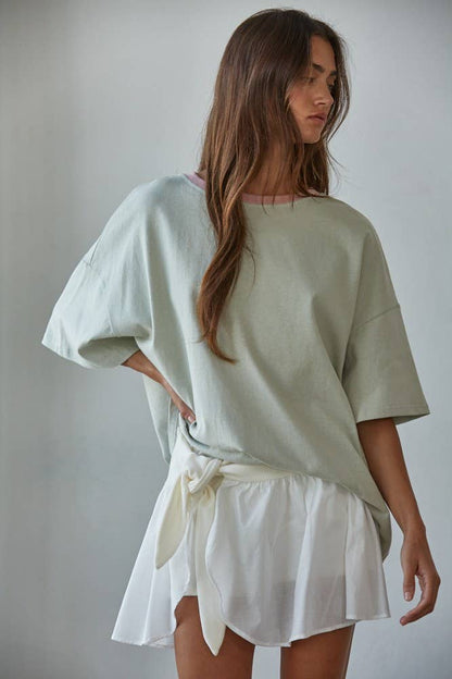 Knit Cotton Contrast Neck T-Shirt