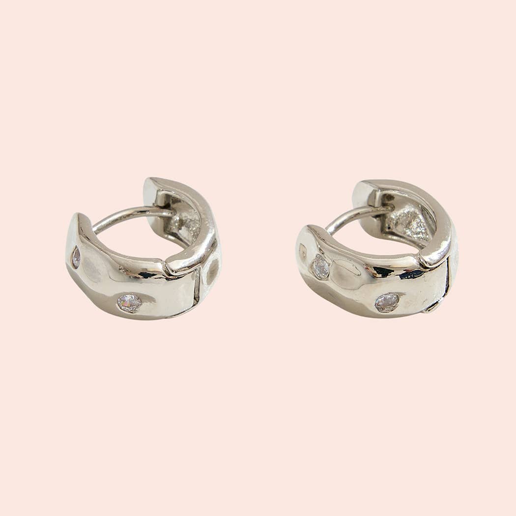 14K Gold Dipped Huggie Hoop Hammered CZ Earrings