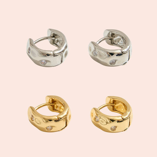 14K Gold Dipped Huggie Hoop Hammered CZ Earrings