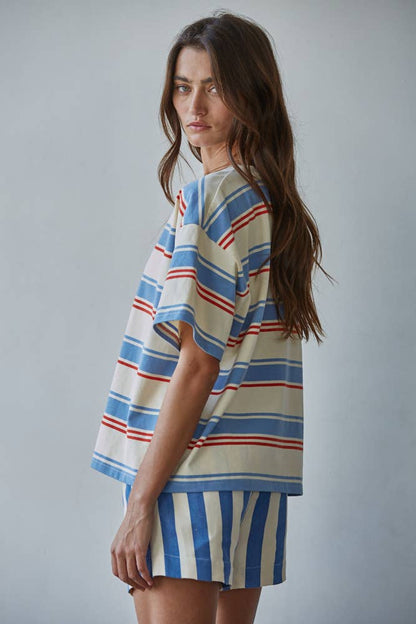 Knit Cotton Multi Striped Short Sleeve Top