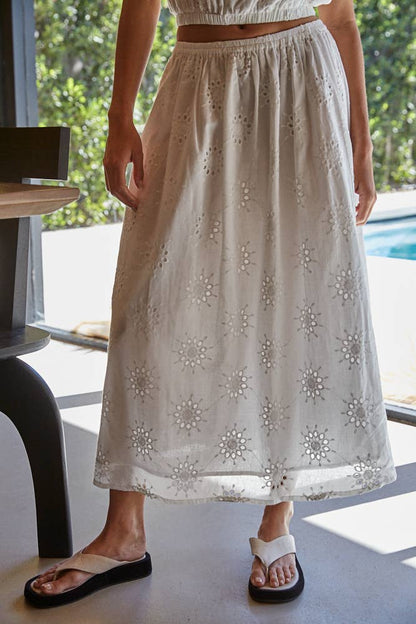 Woven Cotton Eyelet Flare Midi Skirt