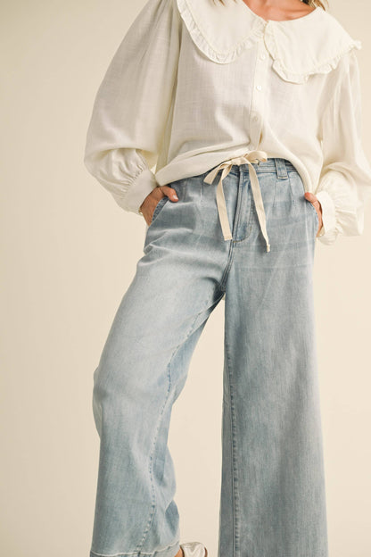 Washed Denim Pants with Tie