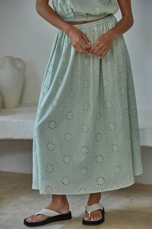 Woven Cotton Eyelet Flare Midi Skirt