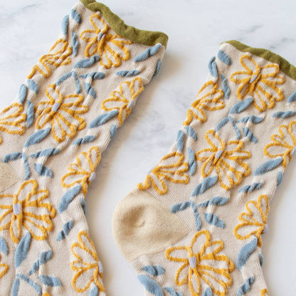 Unique Vintage Floral Socks: Set of Two - Olive/Rust