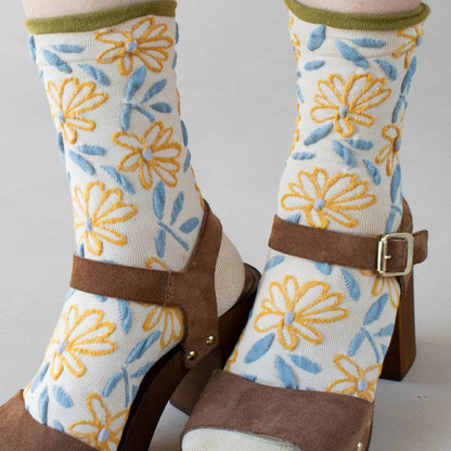 Unique Vintage Floral Socks: Set of Two - Olive/Rust