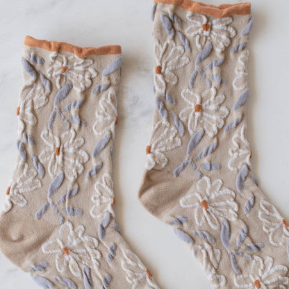 Unique Vintage Floral Socks: Set of Two - Olive/Rust
