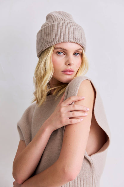 Merino Wool Embroidered Beanie - Soft Taupe