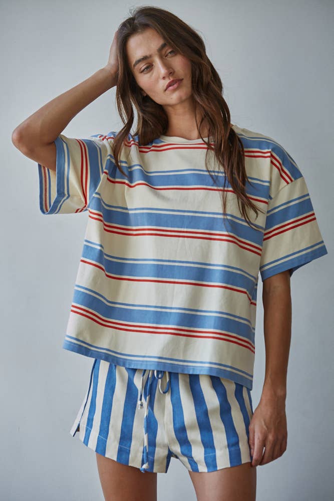 Knit Cotton Multi Striped Short Sleeve Top