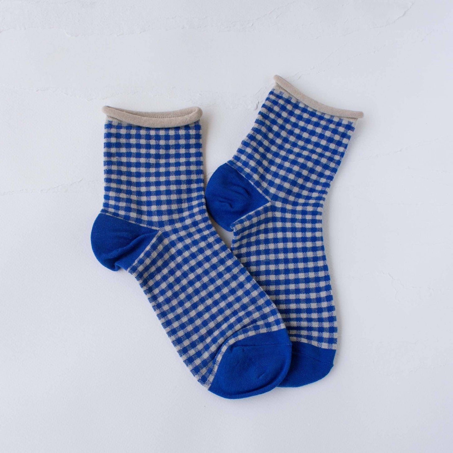 Picnic Mid Crew Socks: Set of Two: Royal Blue + Beige