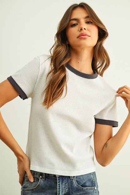 Two Tone Crewneck Waffle Knit Tee