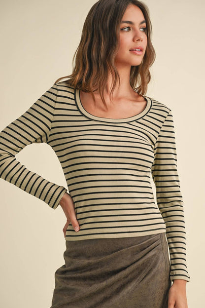 Olive Striped Long Sleeve Top