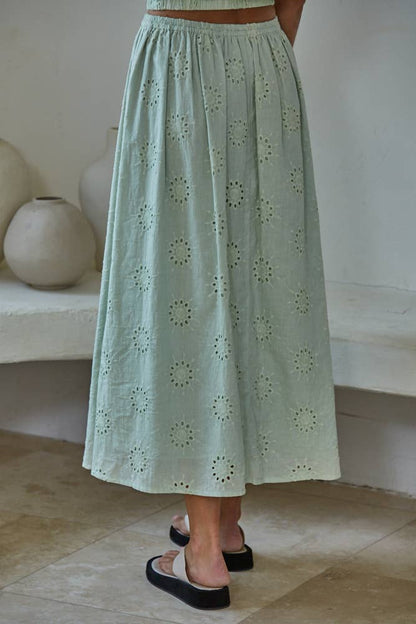 Woven Cotton Eyelet Flare Midi Skirt