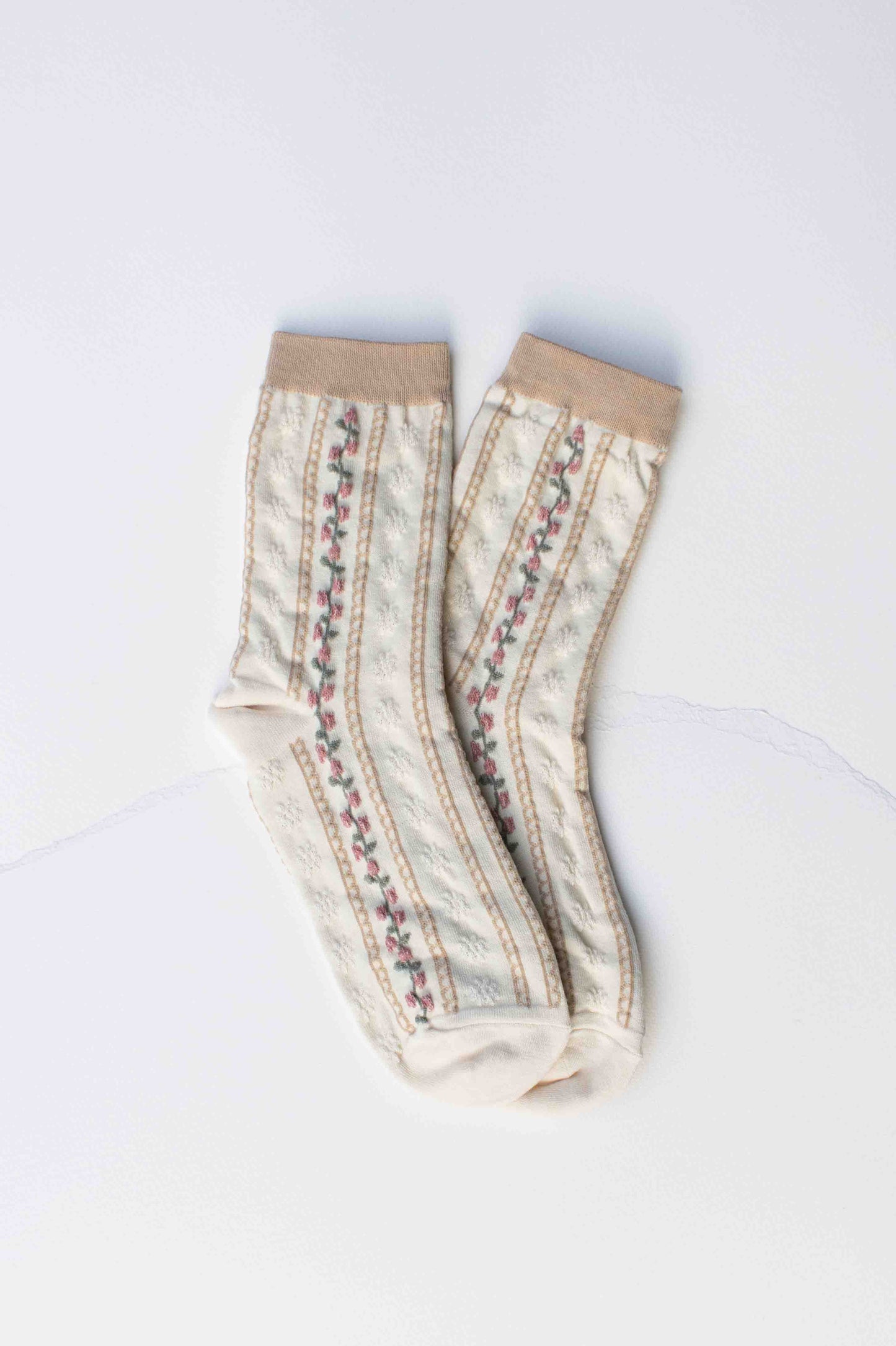 Vintage Stripe Floral Cotton Blend Socks: Set of Two: Powder Blue + Beige